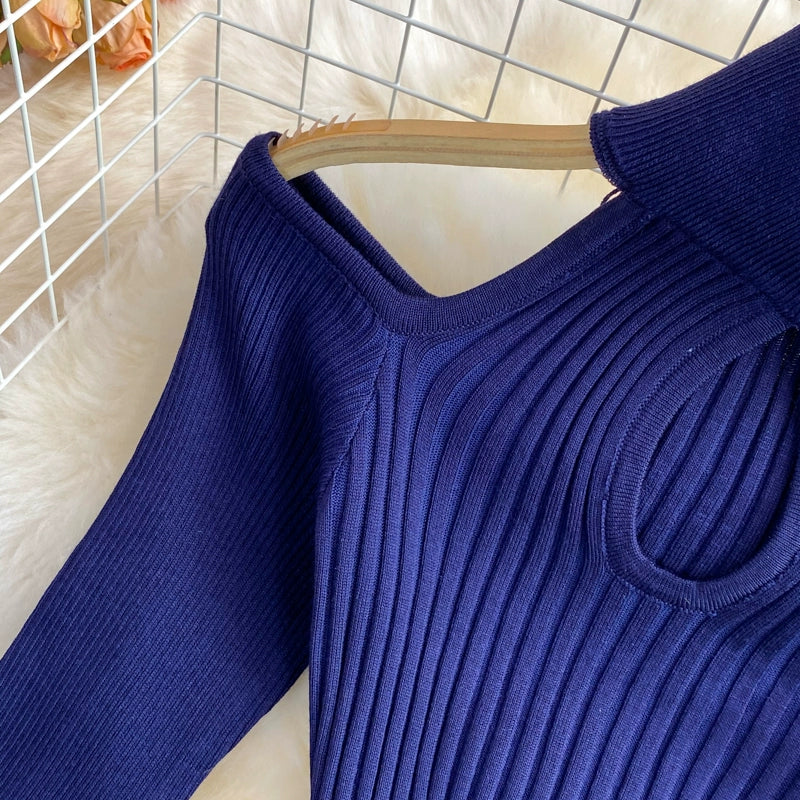 women'sย Winter Stand-up collar knitted stretch Bodycon dress With Long-Sleeved Strapless Design