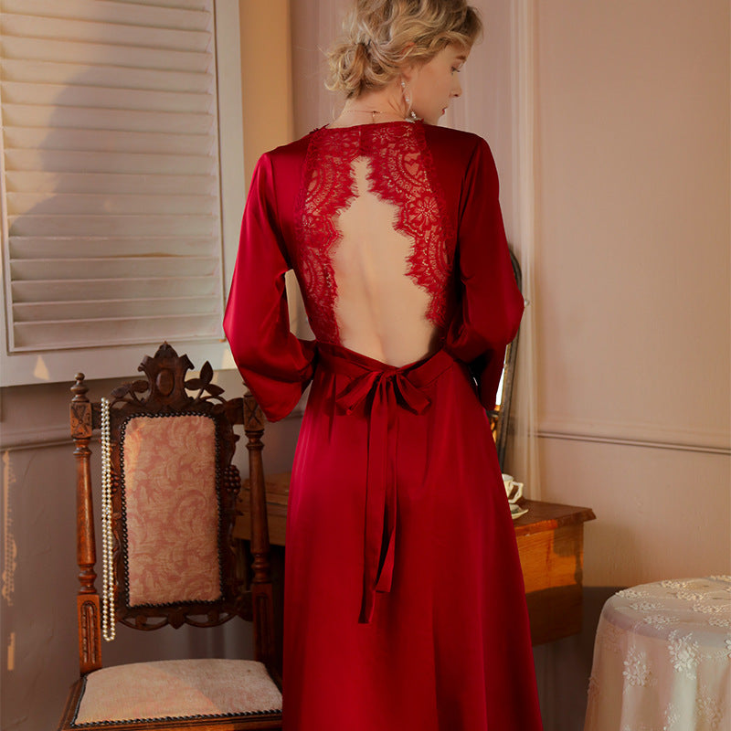 Autumn Women's Wedding Gown Bridal Ice Silk Backless Lace Sexy Night Dress