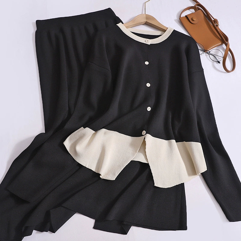 Women's Temperament Solid Color Contrasting Round Neck Long-Sleeved High-Waisted knitted Cardigan Top With Skirt