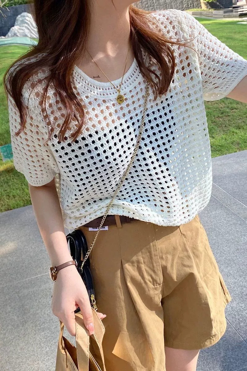 Women's summer short sleeve cut-out versatile new thin ice silk loose tops