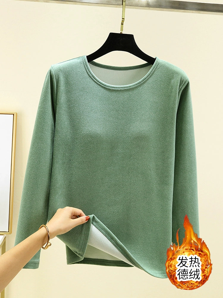 Women's Winter Velvet Round Neck Solid Color Warm T-shirt Top With Chest Pad