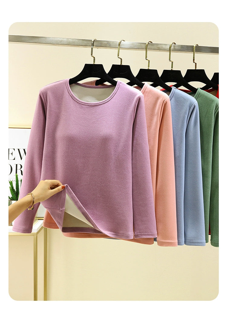 Women's Winter Velvet Round Neck Solid Color Warm T-shirt Top With Chest Pad