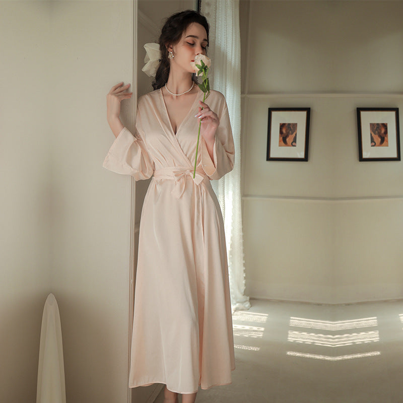 Female Newly Wedding Bride Red Silky Smooth nightgown With Belt
