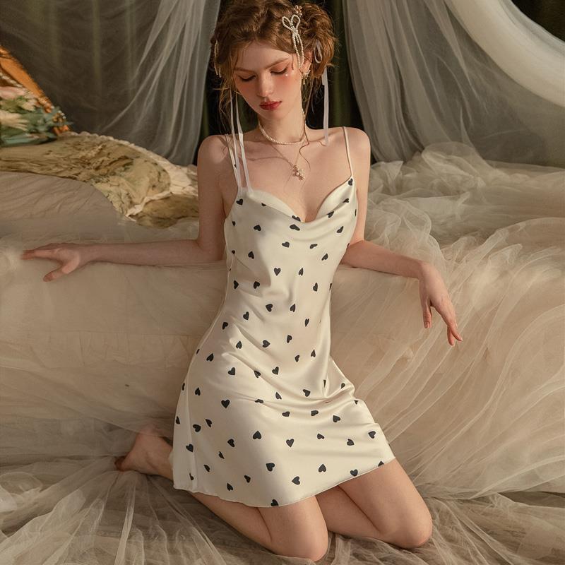 Women's Summer Ice Silk Swing Collar Floral Sexy Suspender Nightdress