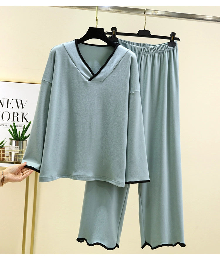 Women's Long Sleeve V-Neck Thick Fleece Loungewear Set For Autumn And Winter