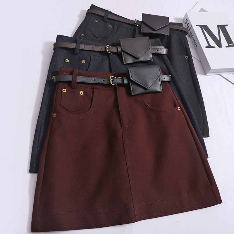 Fashionable And Versatile High Waist Thin Anti-Walking Short A-line Skirt With A Belt & Bag