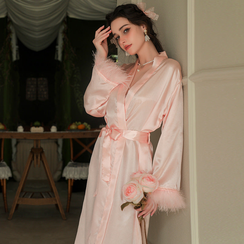 European and American Style Long Sleeved Bridal Night Gown With Feather