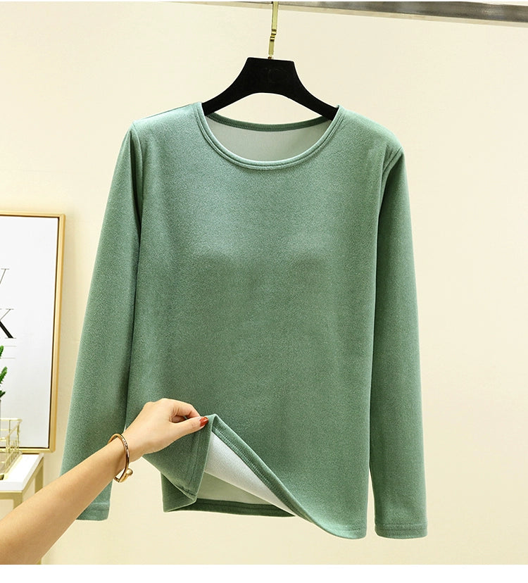 Women's Winter Velvet Round Neck Solid Color Warm T-shirt Top With Chest Pad