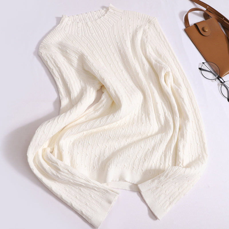 Versatile Solid Color Long-Sleeved knitted Base Slim And Thin Half-High Neck Twist Top