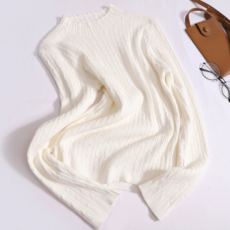 Versatile Solid Color Long-Sleeved knitted Base Slim And Thin Half-High Neck Twist Top