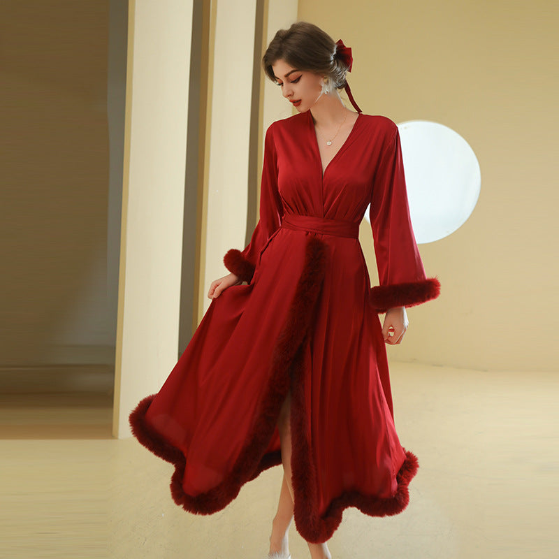 Women's Elegant Long Sleeved Satin Silk with Feather Trim Nightgown