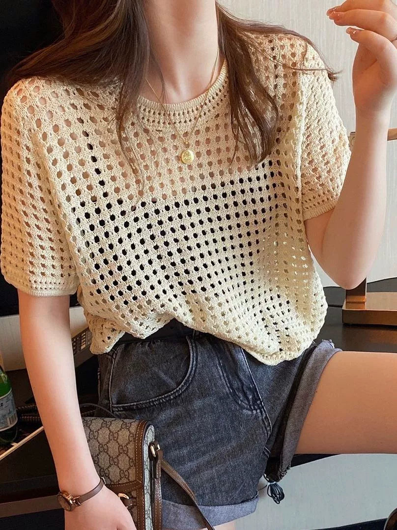 Women's summer short sleeve cut-out versatile new thin ice silk loose tops
