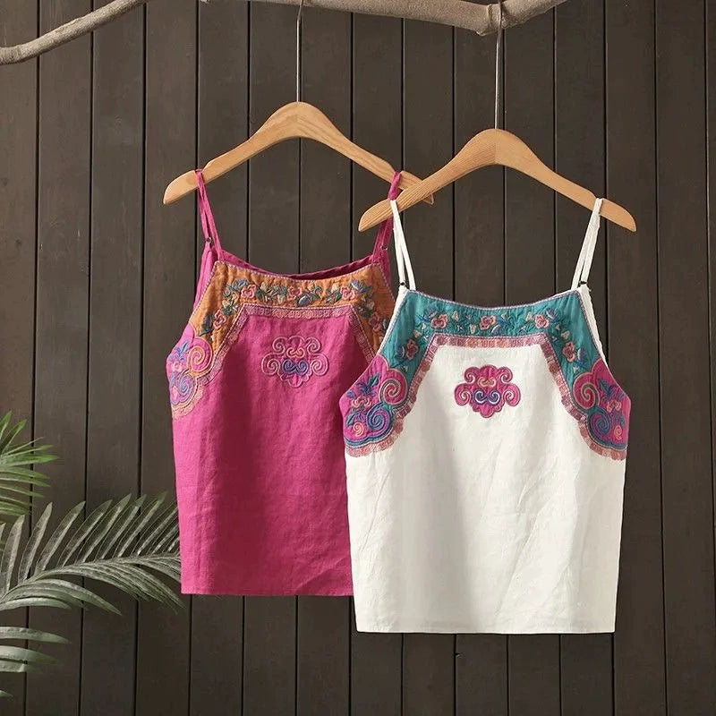 Cotton and linen Chinese style camisole, embroidered tops