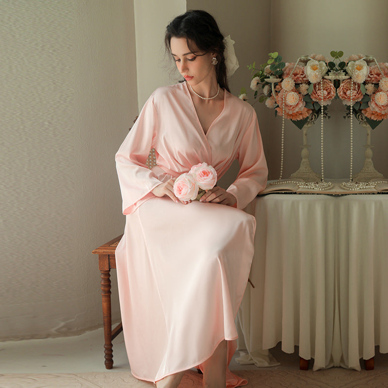 Female Newly Wedding Bride Red Silky Smooth nightgown With Belt