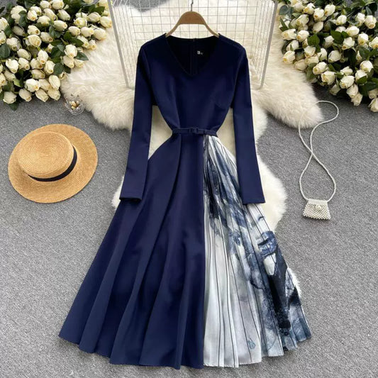 V-neck light luxury European Hepburn style print pressed over the knee Dress