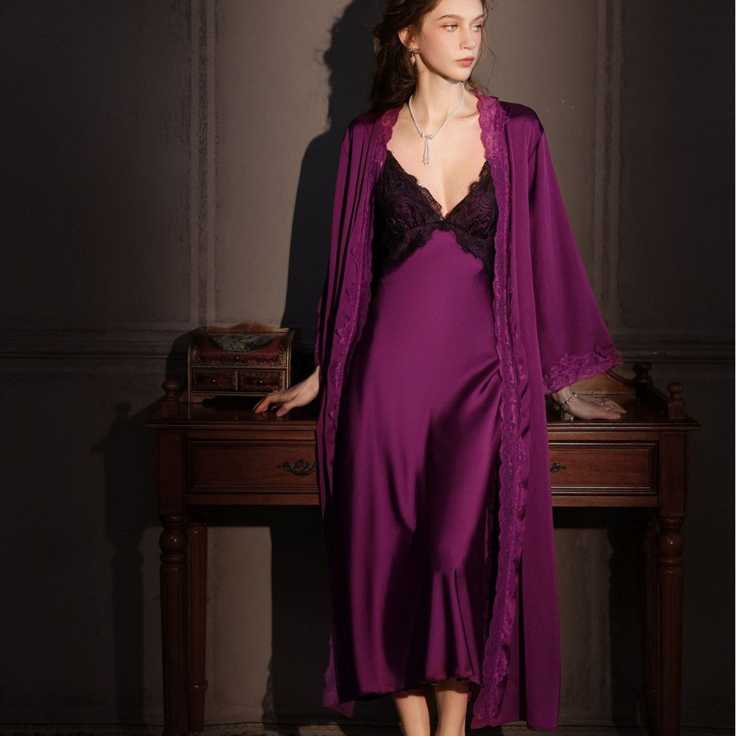 Women's Ice Silk Thin Backless Long Over-The-Knee Suspender Nightdress With Chest Pads