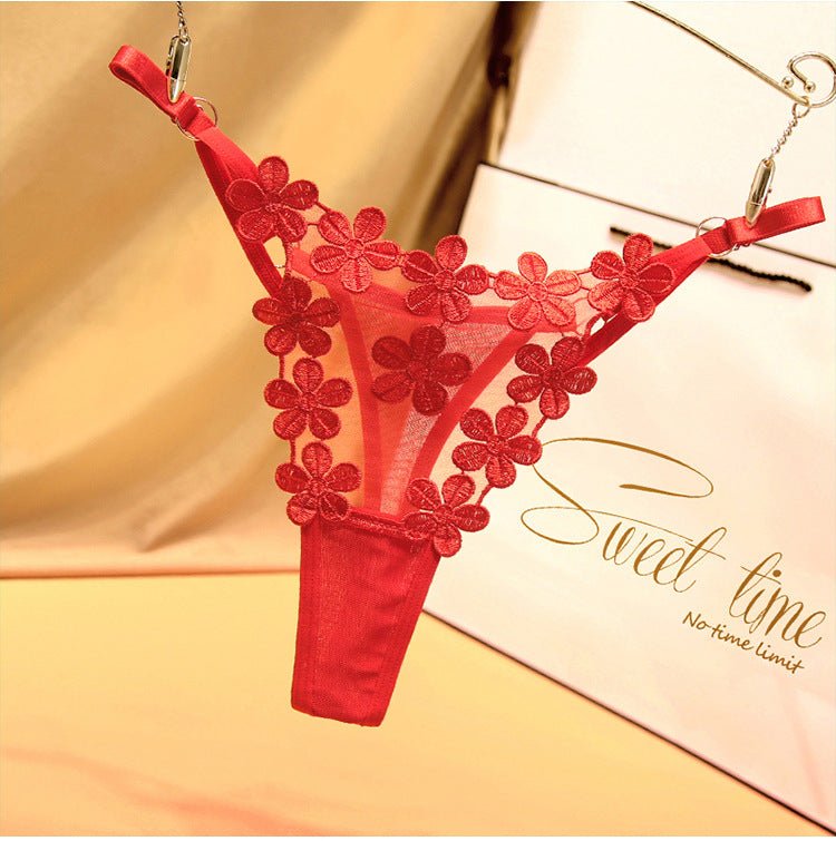 Flower Embroidery Comfortable Adjustable Straps Metal Buckle Design Thong Panties