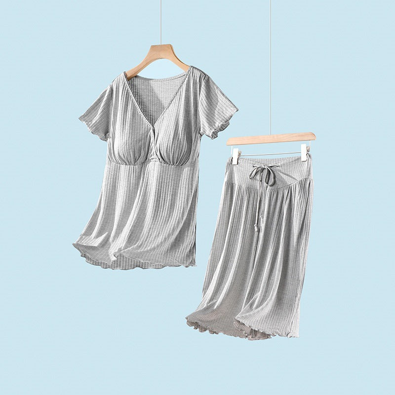 Pregnant Women's Summer Thin Maternity Postpartum Short-Sleeved Cropped Pants Two-Piece Set