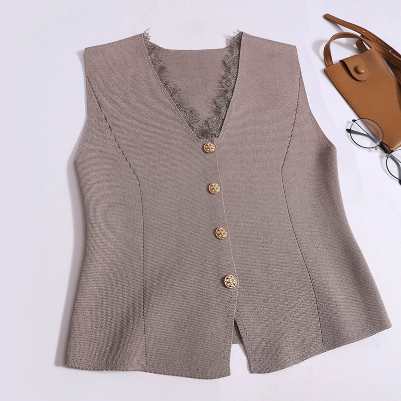 French Temperament V-Neck Lace Vest Slim Thin Shouldered Sleeveless Top For Summer