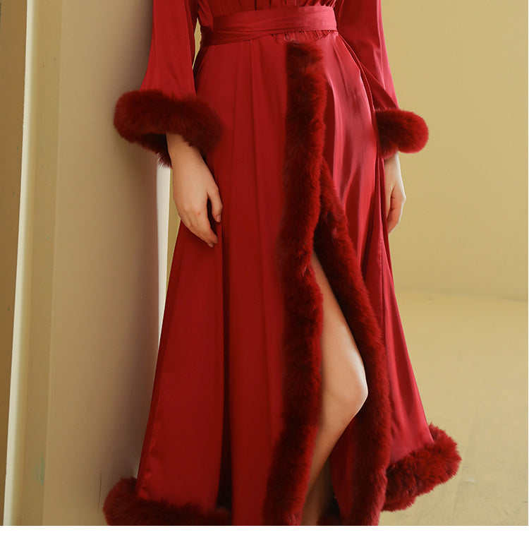 Women's Elegant Long Sleeved Satin Silk with Feather Trim Nightgown