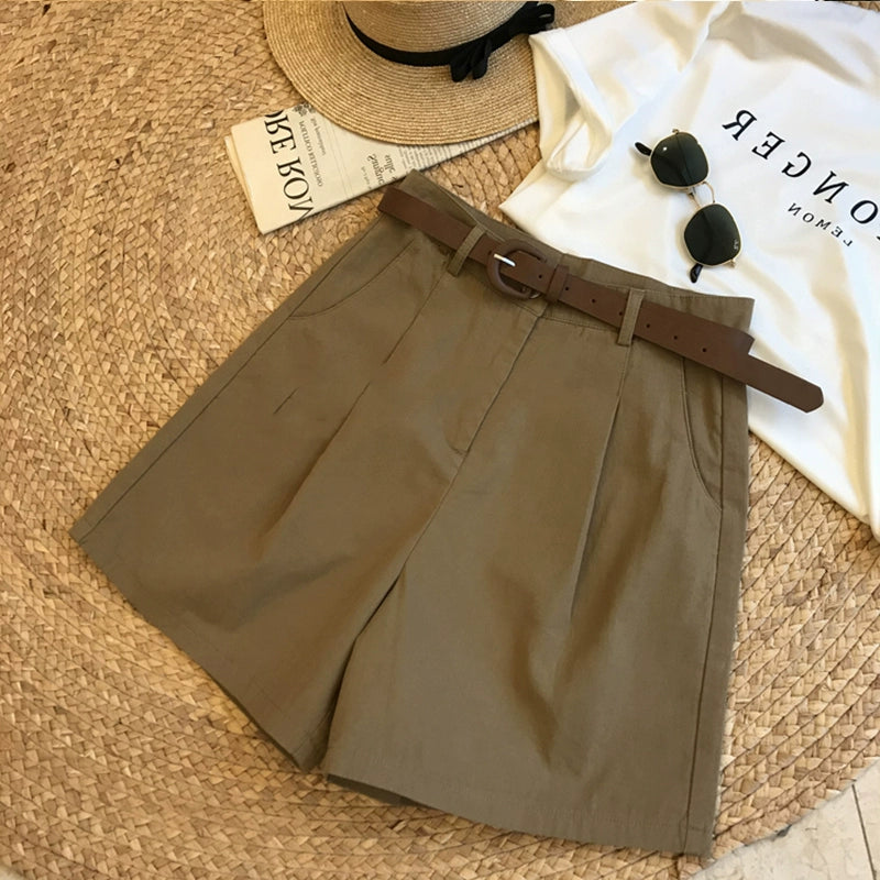 Japanese Retro Simple Solid Color High waist thin versatile wide-leg suit shorts