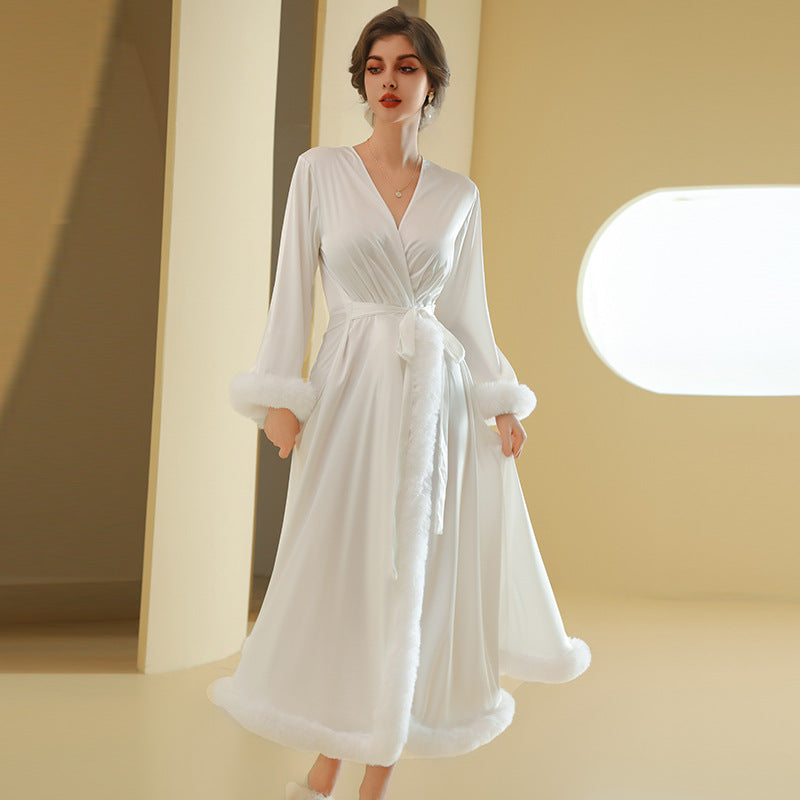 Women's Elegant Long Sleeved Satin Silk with Feather Trim Nightgown