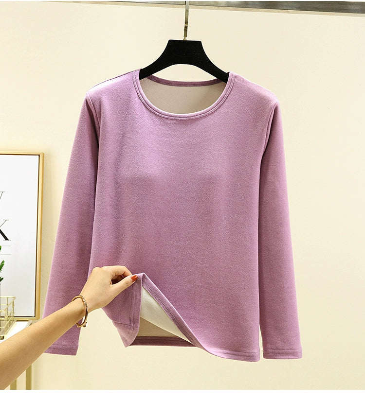 Women's Winter Velvet Round Neck Solid Color Warm T-shirt Top With Chest Pad