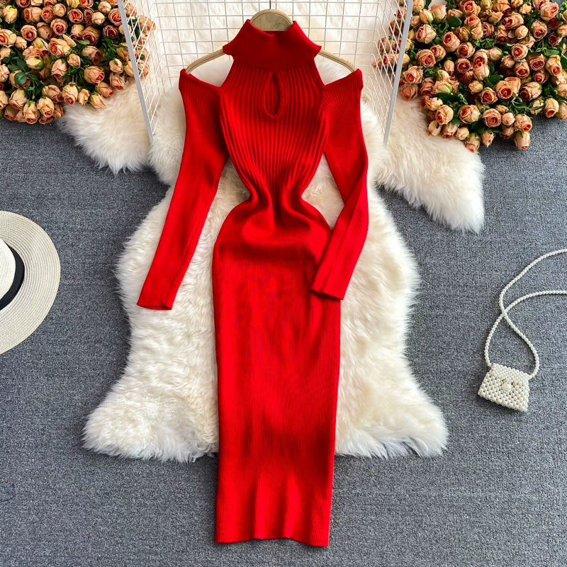 women'sย Winter Stand-up collar knitted stretch Bodycon dress With Long-Sleeved Strapless Design