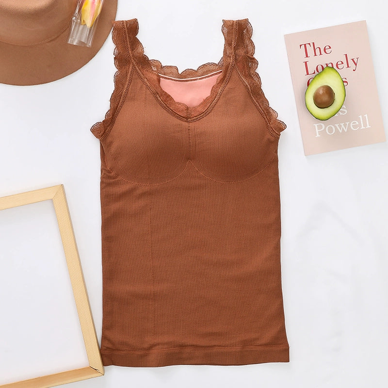Women's Velvet Thickening Lace Inner Slim Fit Warm Camisole Top With Chest Pad
