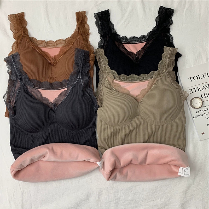 Women's Velvet Thickening Lace Inner Slim Fit Warm Camisole Top With Chest Pad