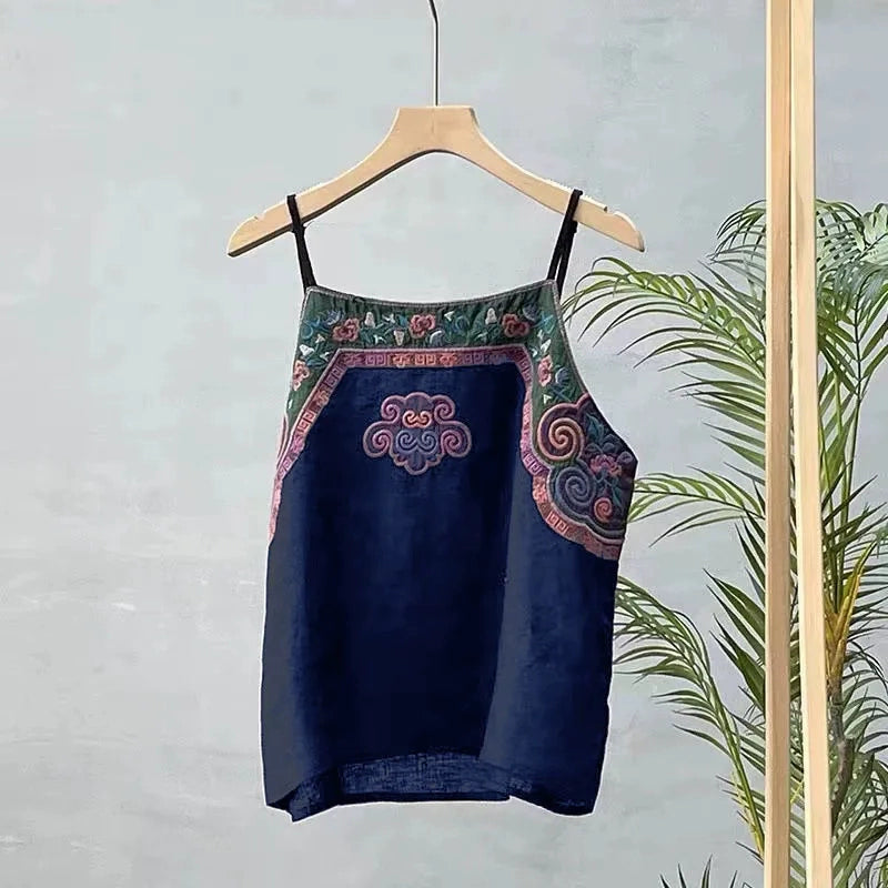 Cotton and linen Chinese style camisole, embroidered tops