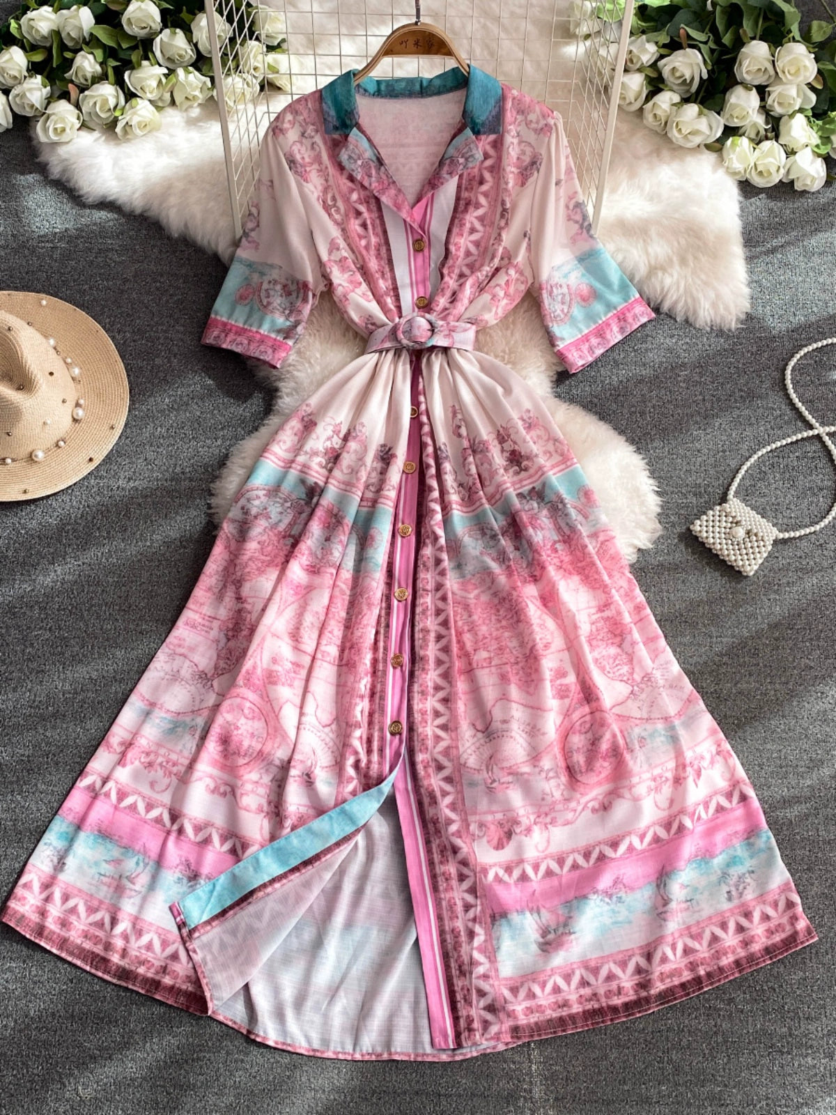Elegant European-American Style Cinched Waist Belt Dress