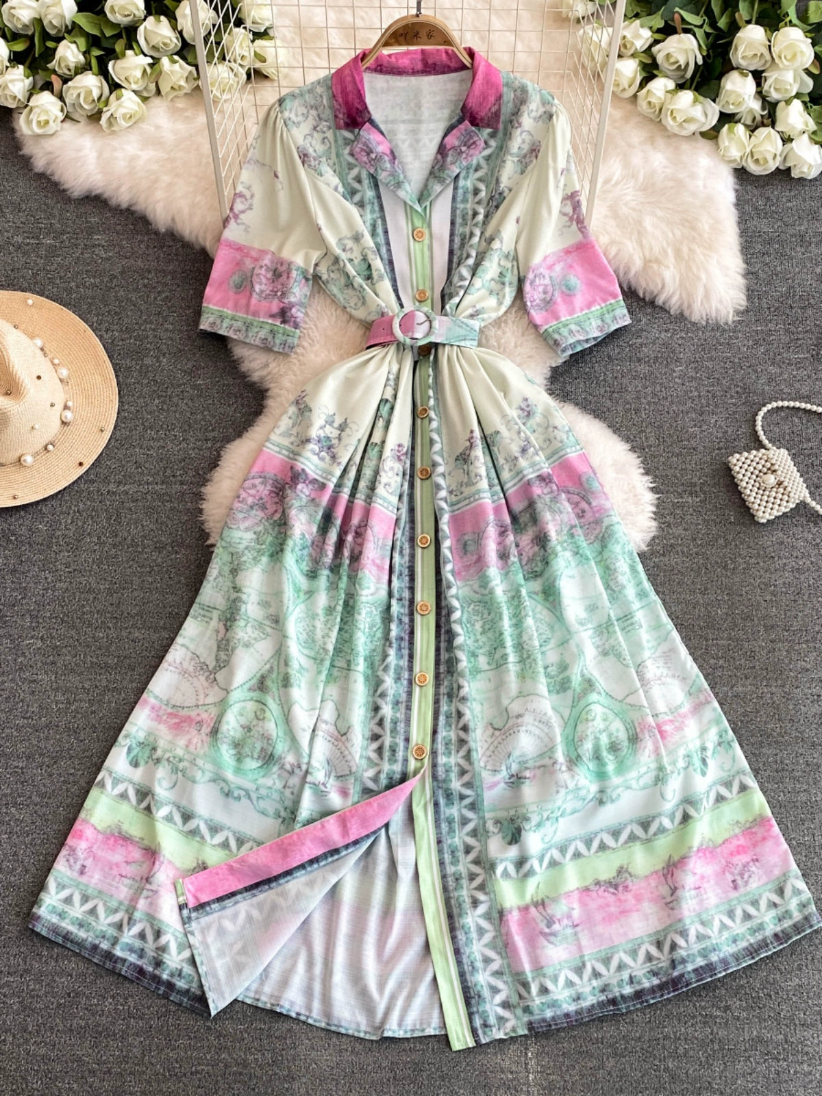 Elegant European-American Style Cinched Waist Belt Dress