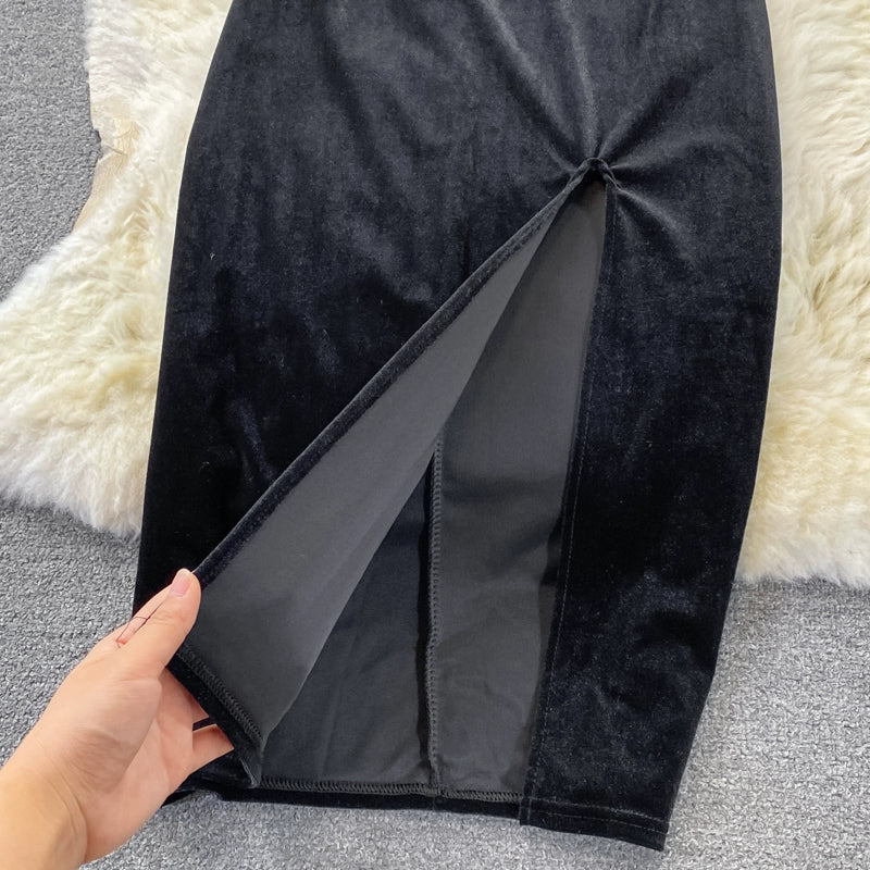 Luxury Velvet Slit Slim Waist Black Suspender Bodycon Dress