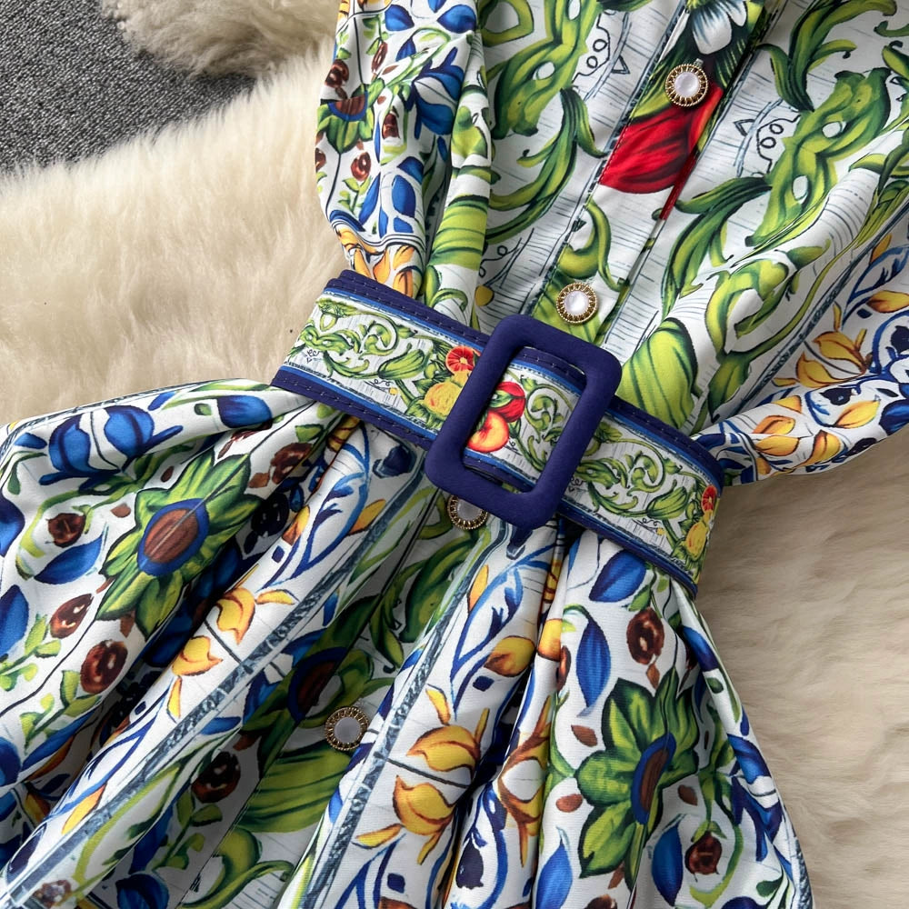 Mediterranean Magic Printed Midi Long Dress with Slimming Waist Foreign Flair