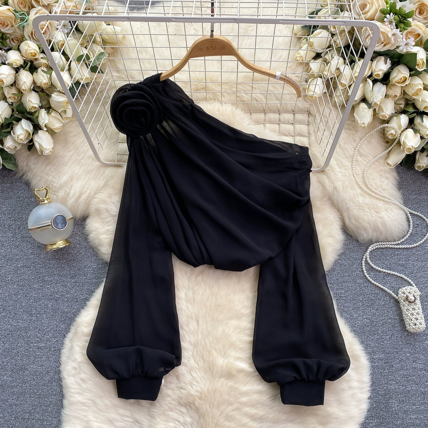 Chiffon Off-Shoulder Puff Sleeve French Top