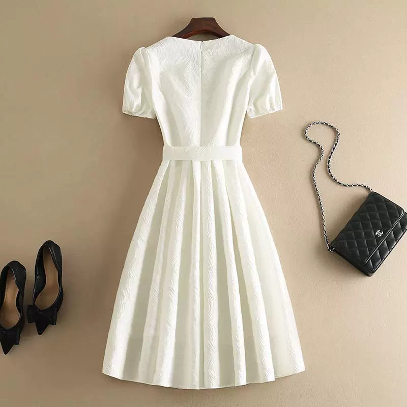 White Waist Cut-Outs Mid-Length Dress