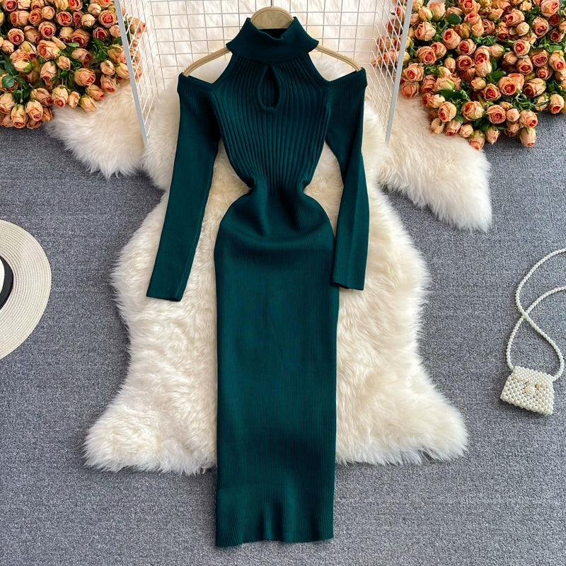 women'sย Winter Stand-up collar knitted stretch Bodycon dress With Long-Sleeved Strapless Design
