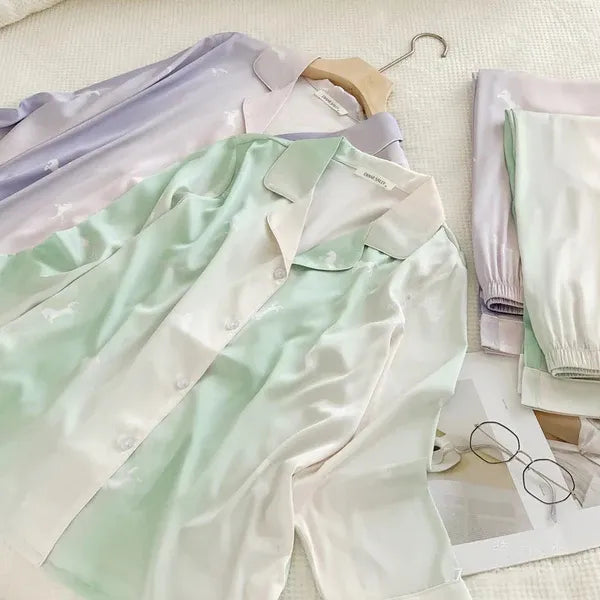 Stylish High-End Gradient Ice Silk Pajama Suit for Spring & Autumn