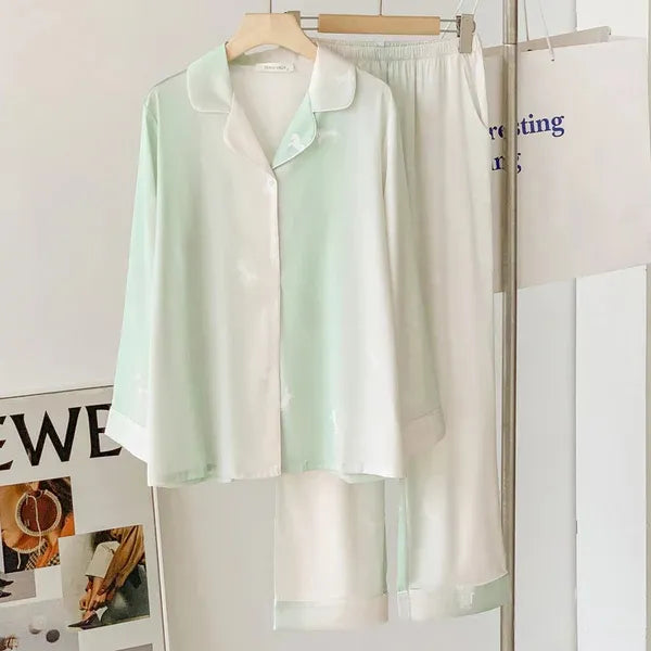 Stylish High-End Gradient Ice Silk Pajama Suit for Spring & Autumn