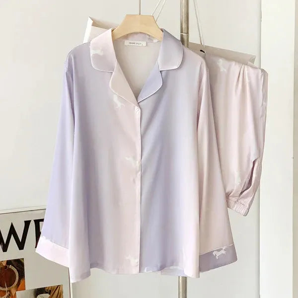 Stylish High-End Gradient Ice Silk Pajama Suit for Spring & Autumn