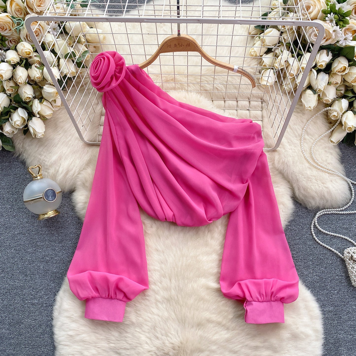 Chiffon Off-Shoulder Puff Sleeve French Top