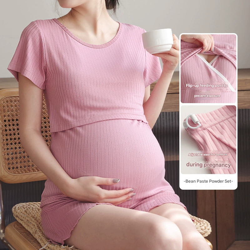 Summer Thin Nursing Clothes Postpartum Maternity Breastfeeding Short Sleeve Two-piece Set