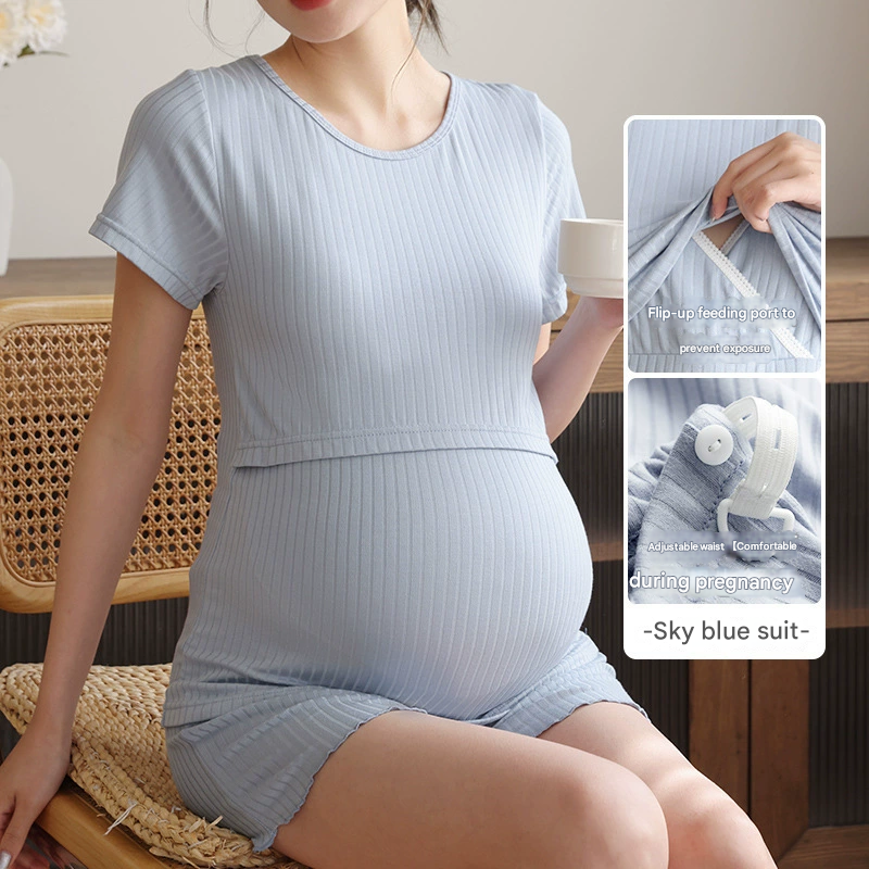 Summer Thin Nursing Clothes Postpartum Maternity Breastfeeding Short Sleeve Two-piece Set