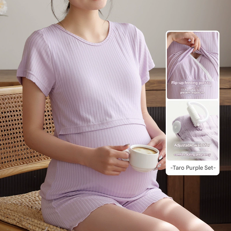 Summer Thin Nursing Clothes Postpartum Maternity Breastfeeding Short Sleeve Two-piece Set