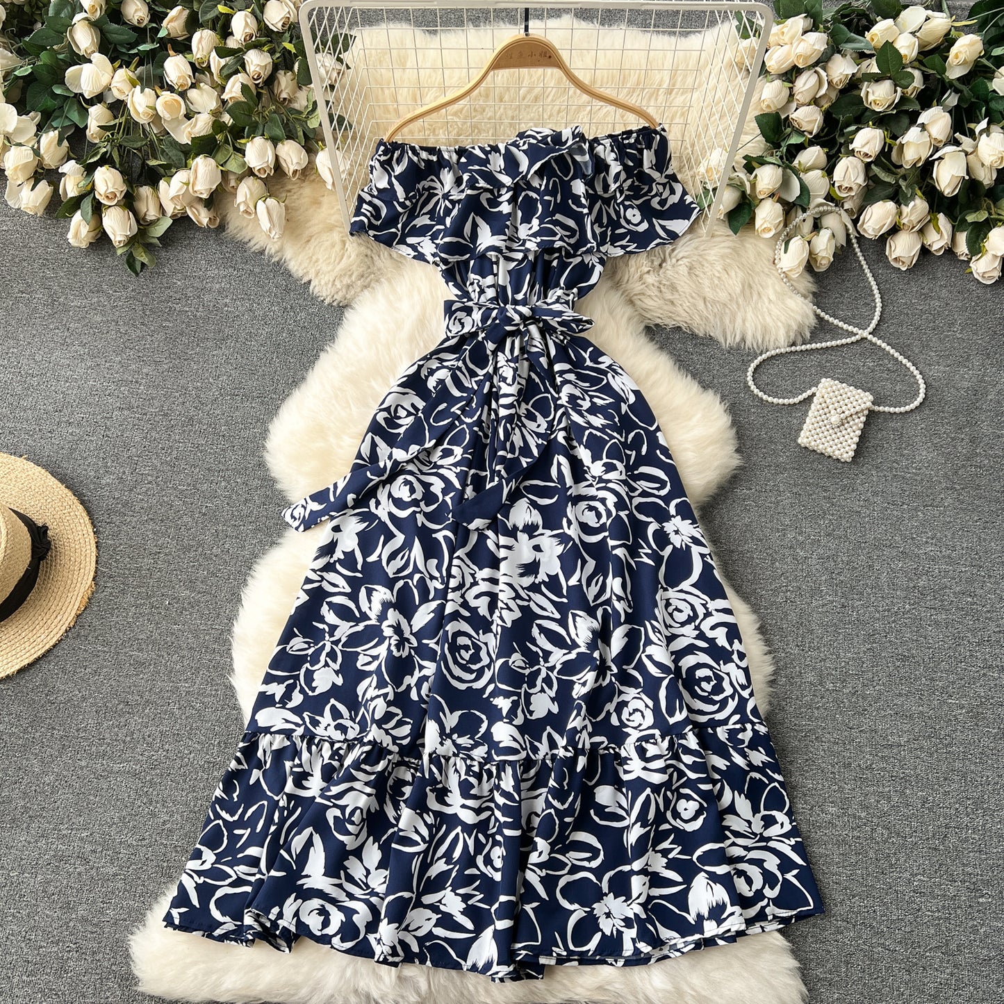 Springtime Splendor Dress with Sweet Ruffle Neckline and Off-the-Shoulder Design