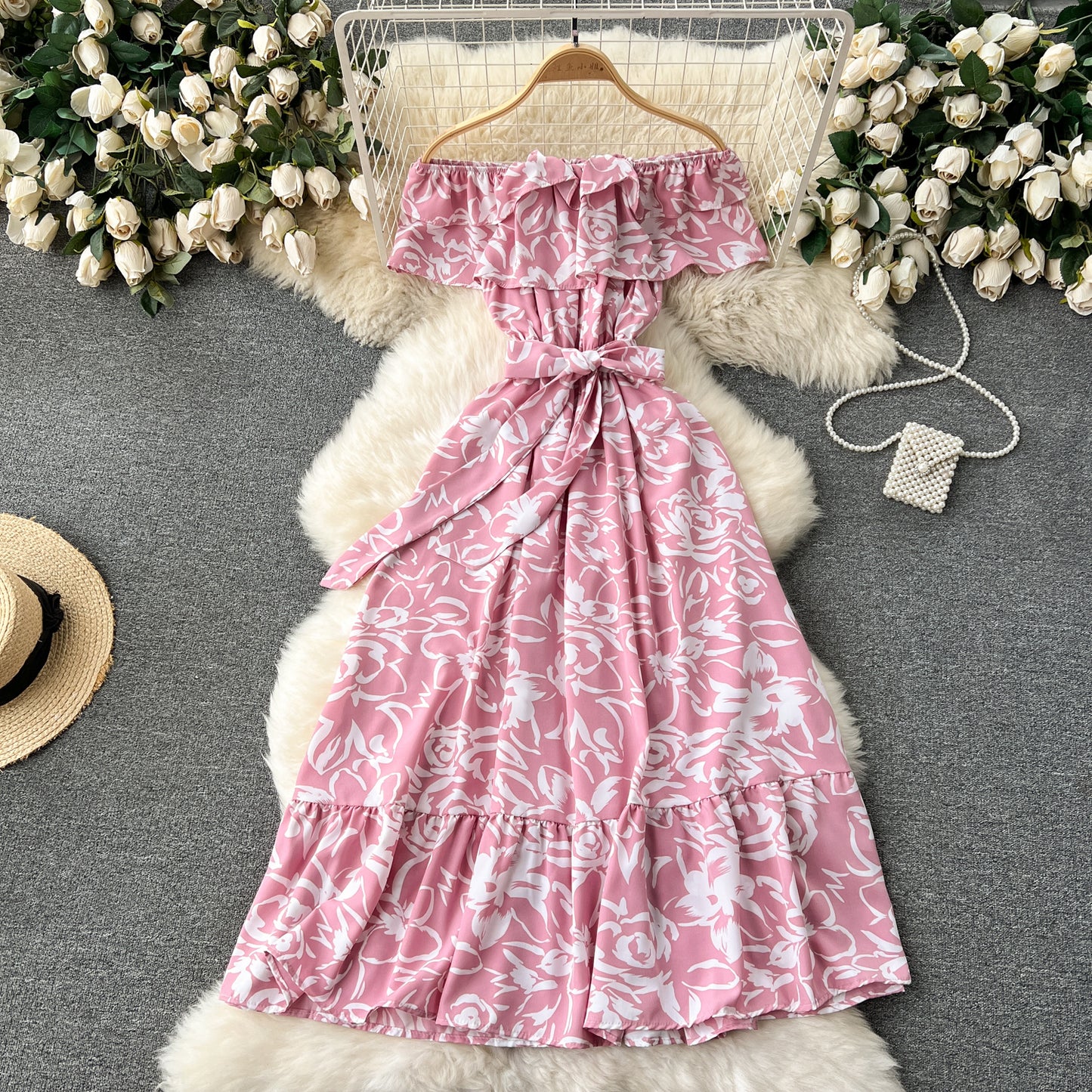 Springtime Splendor Dress with Sweet Ruffle Neckline and Off-the-Shoulder Design