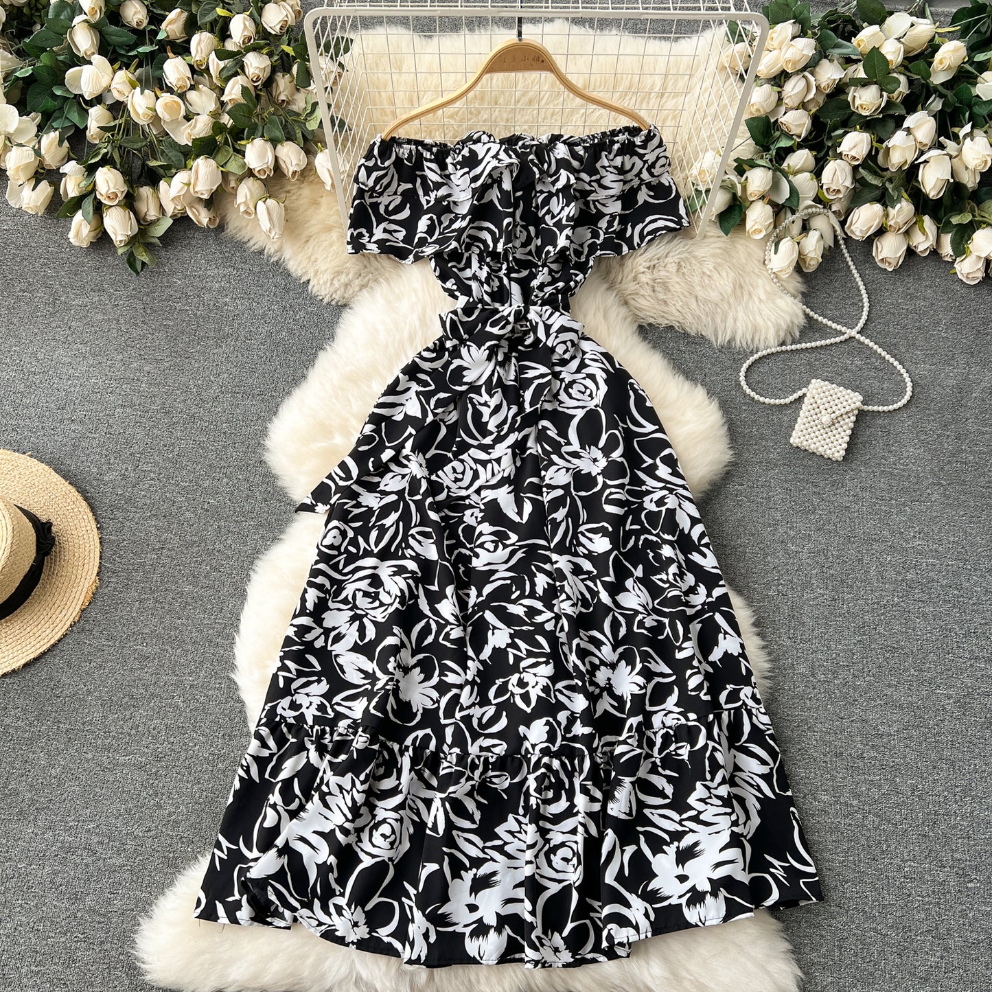 Springtime Splendor Dress with Sweet Ruffle Neckline and Off-the-Shoulder Design