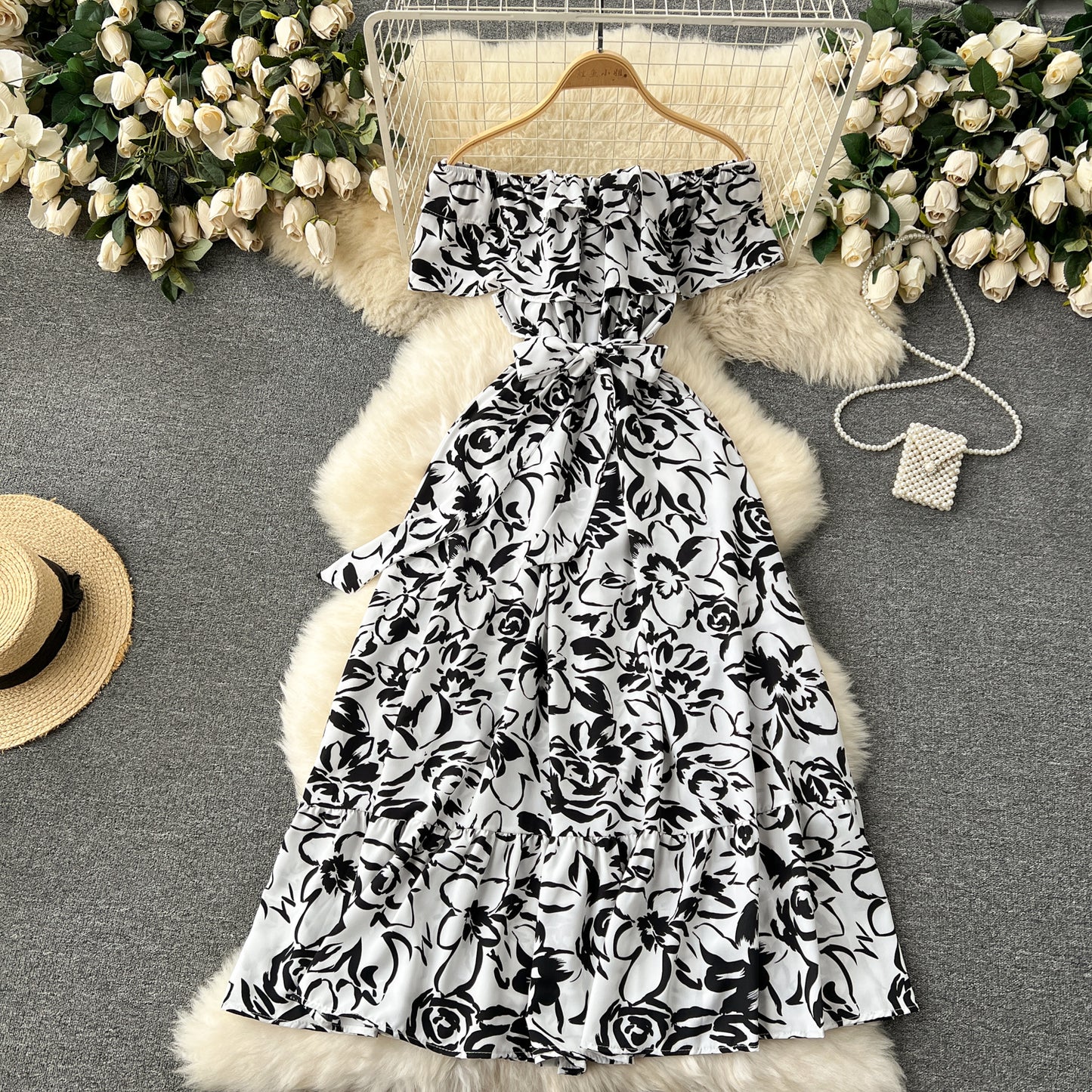 Springtime Splendor Dress with Sweet Ruffle Neckline and Off-the-Shoulder Design