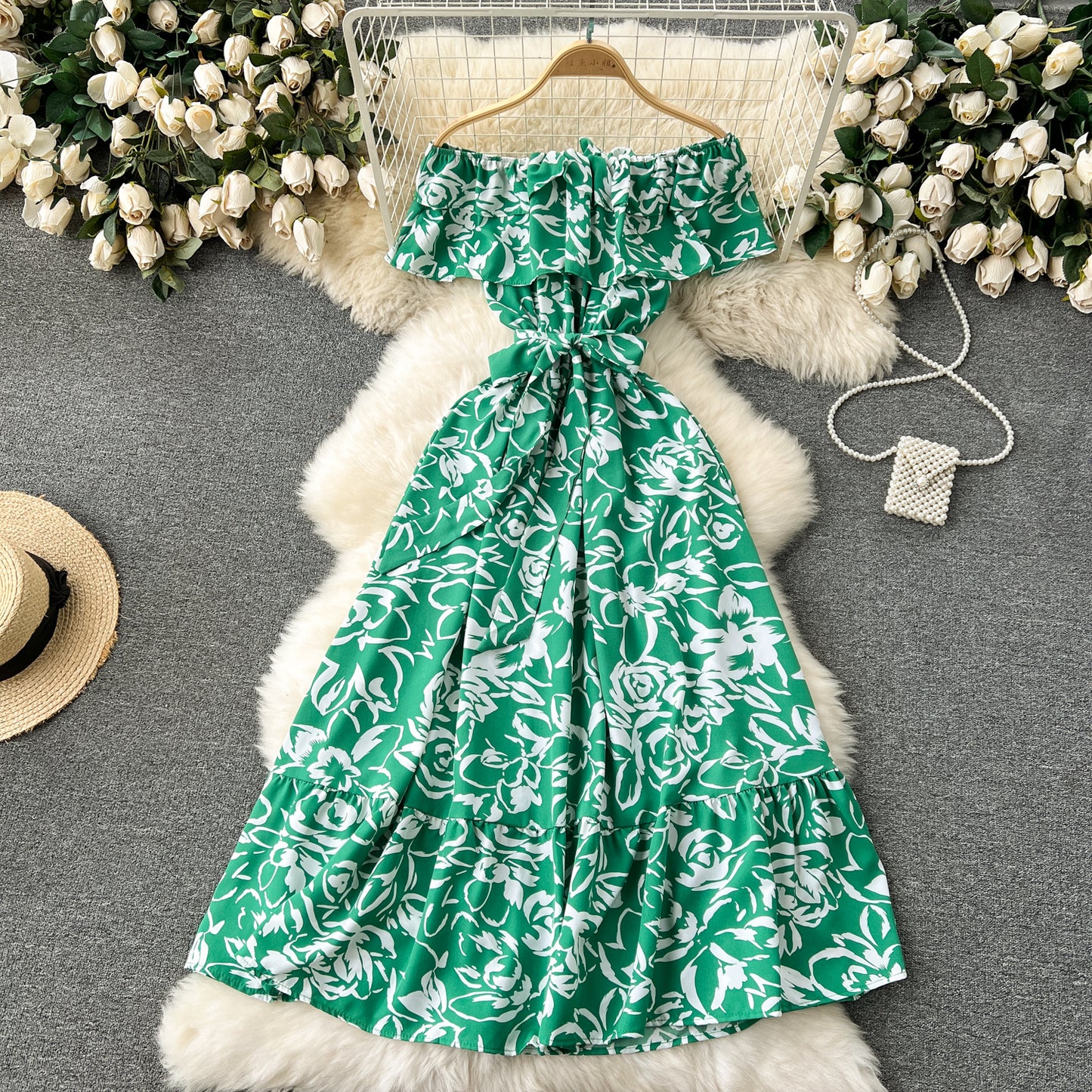 Springtime Splendor Dress with Sweet Ruffle Neckline and Off-the-Shoulder Design